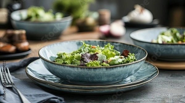 Fototapeta ceramic plates with freshly prepared salad on the table.