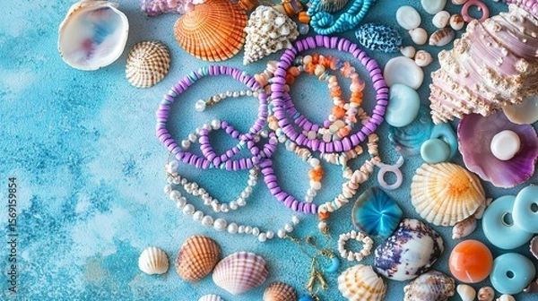 Fototapeta Colorful summer bracelets and shell necklaces flat lay.