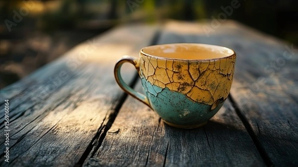 Fototapeta cracked teacup on wooden table, simple life.
