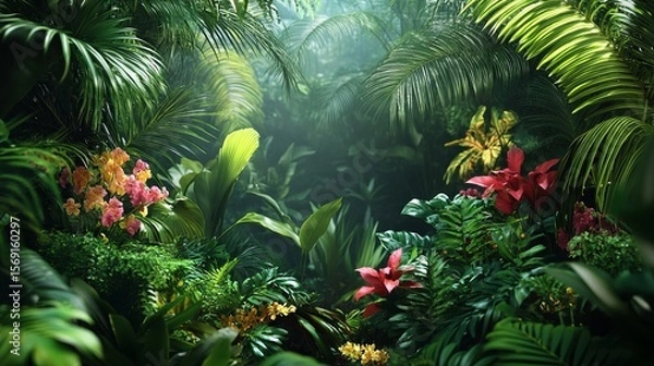 Fototapeta tropical rainforest with vibrant greenery and flowers.