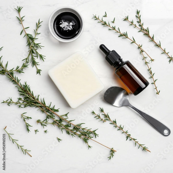 Fototapeta A flat lay arrangement of skincare and wellness items including a glass dropper bottle, a sponge, a spoon, a bar of soap, a small jar of cream, and sprigs of green herbs on a white background