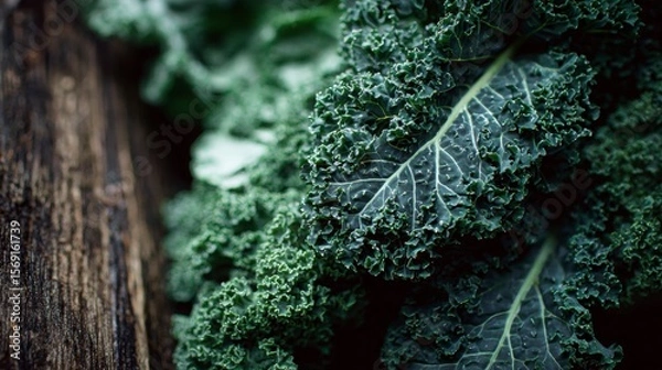 Fototapeta Close-up of curly green kale leaves with textured wooden background and natural sunlight creating depth and rich color contrast