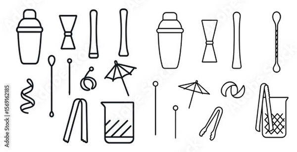 Fototapeta Collection of bar tools and accessories. The image is a collection of various bar tools and accessories, including a shaker, a spoon, a stirrer, a cocktail umbrella, and a cocktail glass