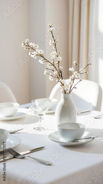 Fototapeta Elegant white ceramic vase with blooming branches on a sophisticated dining table setup featuring white tableware, cutlery, and glassware in a bright, modern interior