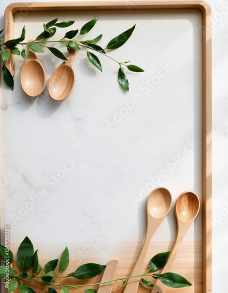 Fototapeta Minimalist kitchen setup with wooden utensils and green foliage arranged on a white background