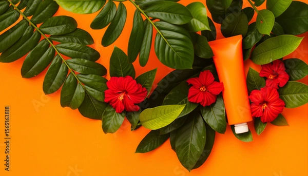 Fototapeta Vibrant floral arrangement with red flowers, lush green leaves, and a yellow candle on a bright orange background, showcasing a lively and colorful decorative setting suitable for celebrations