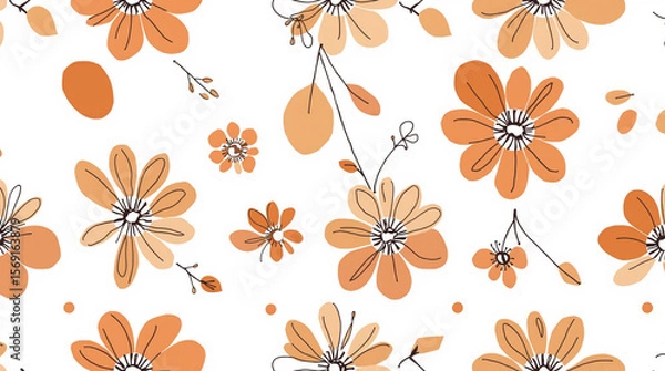 Fototapeta A vibrant floral pattern featuring orange and beige flowers with detailed petals and leaves, set against a white background, creating a lively and decorative design suitable for textiles and wallpaper