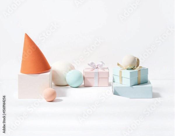 Fototapeta A minimalist arrangement of pastel-colored gift boxes and decorative spheres on a white background, featuring soft textures and geometric shapes