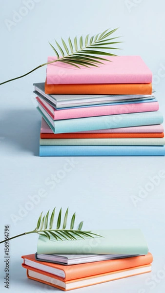 Fototapeta Stacked colorful notebooks with pastel covers and green palm leaves on a light blue background, creating a fresh and organized aesthetic