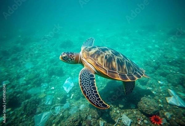 Fototapeta Plastic debris polluting ocean water, sea turtle entangled,  plastic island,  garbage