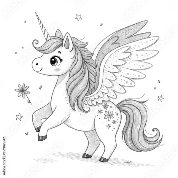 Fototapeta Cute Adorable Unicorn Pegasus Colouring Page – Cute Fantasy Line Art for Kids