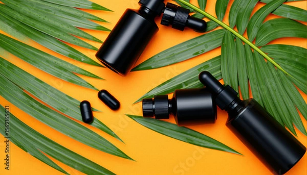Fototapeta Stylish black essential oil bottles with dropper caps placed on vibrant green palm leaves, showcasing a modern and natural aesthetic for aromatherapy or wellness products