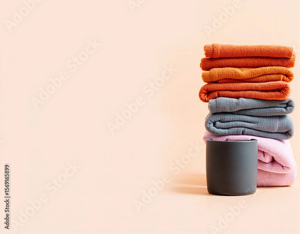 Fototapeta Stack of folded clothes including orange, gray, and pink garments arranged on a black cylindrical container against a plain beige background