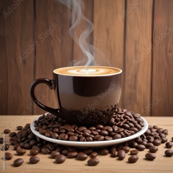 Fototapeta Steaming Cappuccino in Dark Mug