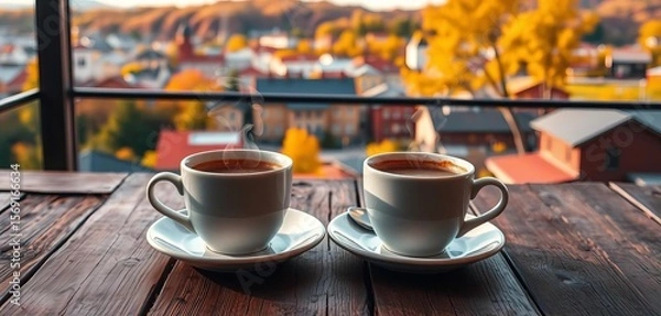 Fototapeta Two steaming coffee cups sit on a rustic wooden table, overlooking a vibrant autumn city , warm, view