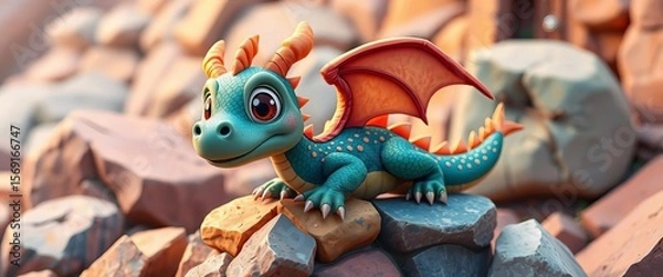 Fototapeta Vibrant cartoon dragon playfully perched on colorful rocks, big expressive eyes,   rock formation,  reptile
