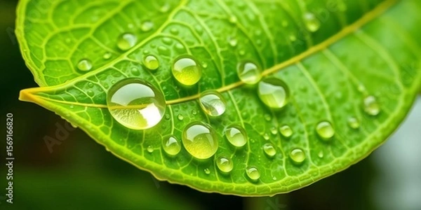 Fototapeta Vibrant green lemon leaf with glistening citrus droplets, isolated,  botany,   zest