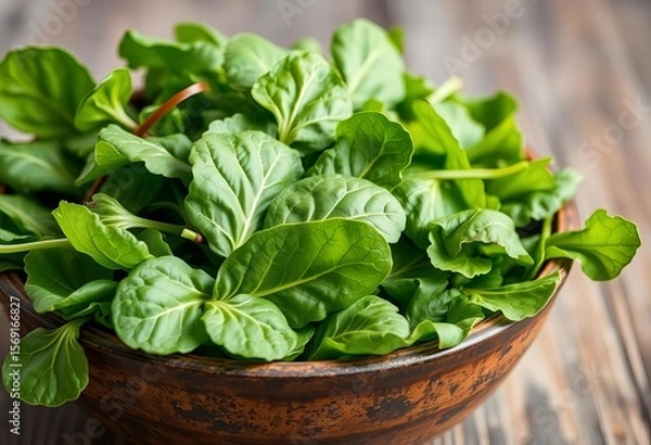 Fototapeta Vibrant green spinach leaves overflowing a rustic bowl, bright, bowl