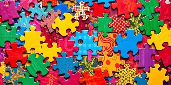 Fototapeta Vibrant jigsaw puzzle pieces interlocking, diverse shapes and colors,  geometric,  accomplishment