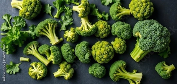 Fototapeta Vibrant green kale, spinach, broccoli florets arranged on dark slate background,  broccoli,   ingredients