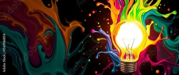 Fototapeta Vibrant liquid paint bursts from a glowing lightbulb, creating an abstract design, artwork, flow