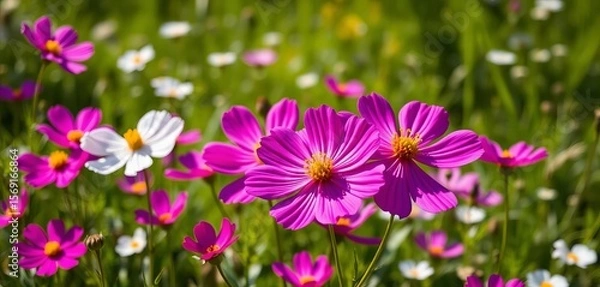 Fototapeta Vibrant magenta & white cosmos blossoms in a sunlit summer meadow,  summer,  flowers