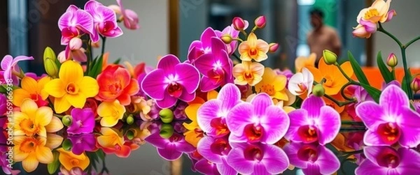 Fototapeta Vibrant spring blooms & orchids reflected in a mirror, colorful backdrop,  colorful still life,  details