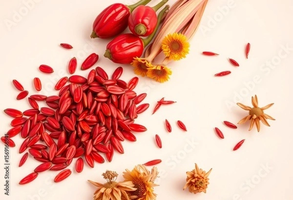 Fototapeta Vibrant red achiote seeds & dried flowers on bright backdrop,  photography,  background