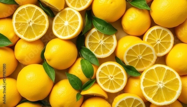 Fototapeta Vibrant yellow lemon pattern, whole and halved lemons arranged aesthetically,  food,  illustration