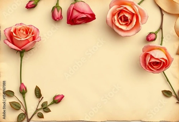 Fototapeta Vintage paper banner with faded roses, simple web header design,  web template,  rose design