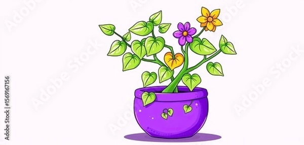 Fototapeta Whimsical cartoon vine in purple pot, hand-drawn style, playful, vibrant,  playful,  decorative