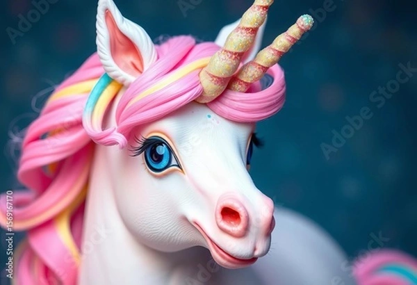 Fototapeta Whimsical pastel unicorn candy, sparkly eyes, vibrant mane & horn, background, mane
