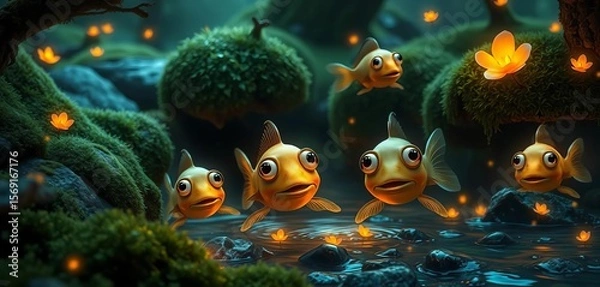 Fototapeta Whimsical fish with large eyes swim in a misty, moss-covered stream, surrounded by glowing flora,  flowing water,  vibrant