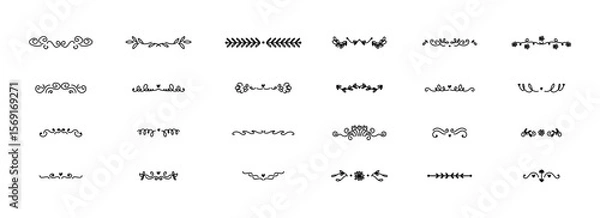 Fototapeta Borders set. Floral dividers, doodle style isolated decorative elements. Wedding cards, posters and banners design. Flowers leaves and ornament. Calligraphic underline. Curve separator, vector set