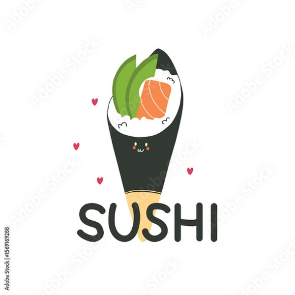 Fototapeta Temaki. Asian food. Kawaii character mascot. Salmon and rice with avocado wrapped in seaweed. Snack Japanese cuisine. sushi roll, vector cartoon flat style isolated illustration