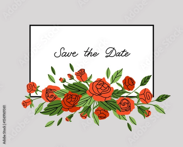 Fototapeta Rose square frame. Red flowers and green leaves. Decorative elements, spring summer elegant elements. Bouquet with blossom. Botanical decoration for poster. Vector cartoon flat isolated illustration