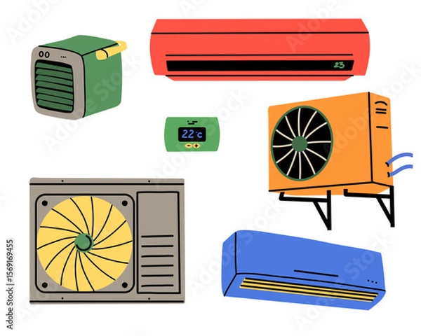 Fototapeta Air conditioner. Home appliance. Electrical equipment. Climate control. Cold wind. Vector cartoon flat style isolated illustration