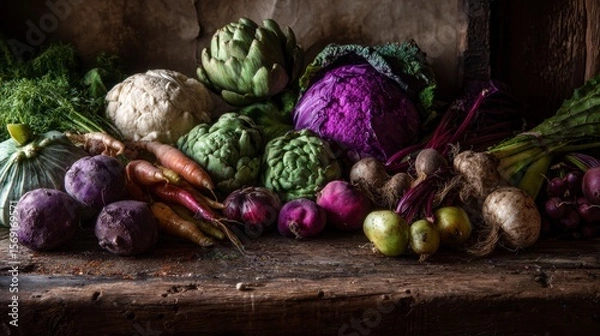 Fototapeta Colorful assortment of European non-green vegetables arranged on a rough wooden surface, captured in warm, natural farm light with organic textures