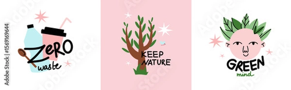 Fototapeta Save planet. Earth environmental care. Icon or sticker collection. green energy, stop pollution, reuse and recycled. Eco friendly, ecology elements. Vector cartoon flat style isolated illustration set