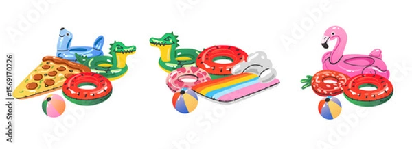 Fototapeta Cartoon inflatable toys. Colorful swimming rings and mattress, rubber water summer pool funny swimming accessories, flamingo, pizza and ball, watermelon and donut, vector flat isolated gradient set