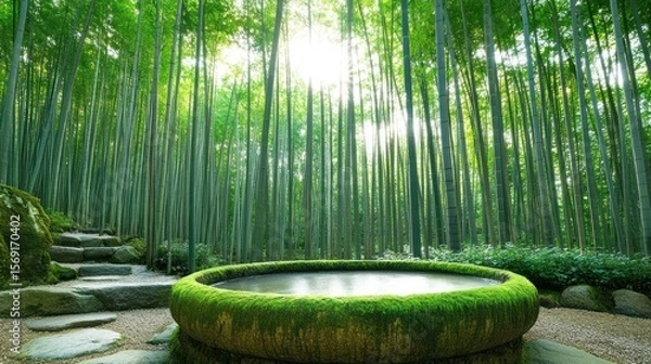 Obraz Lush bamboo forest with mossy stone basin