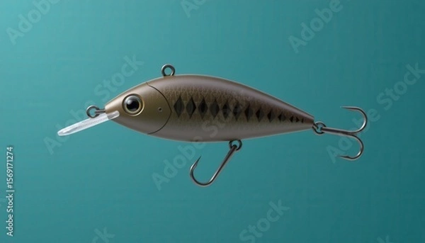Fototapeta Realistic Fishing Lure Design Displayed in Detail on a Smooth Teal Background for Fishing Enthusiasts and Designers