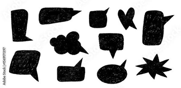 Fototapeta Empty speech bubbles. Doodle black forms for chat and message. Discussion and conversation, crayons drawing dialog windows. Sketch pencil. Thinking communication icon vector isolated hand drawn set