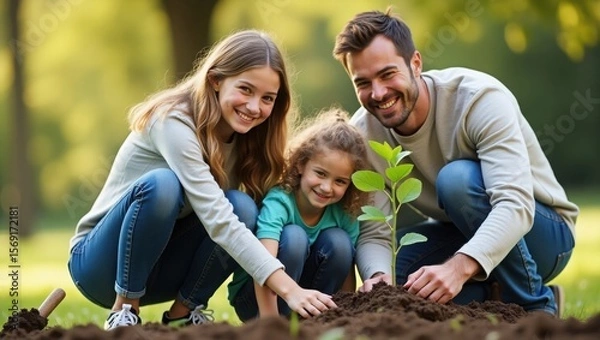 Obraz Happy young family with two children planting a tree together in a sunny park, smiling and bonding, symbolizing growth, unity, and environmental care