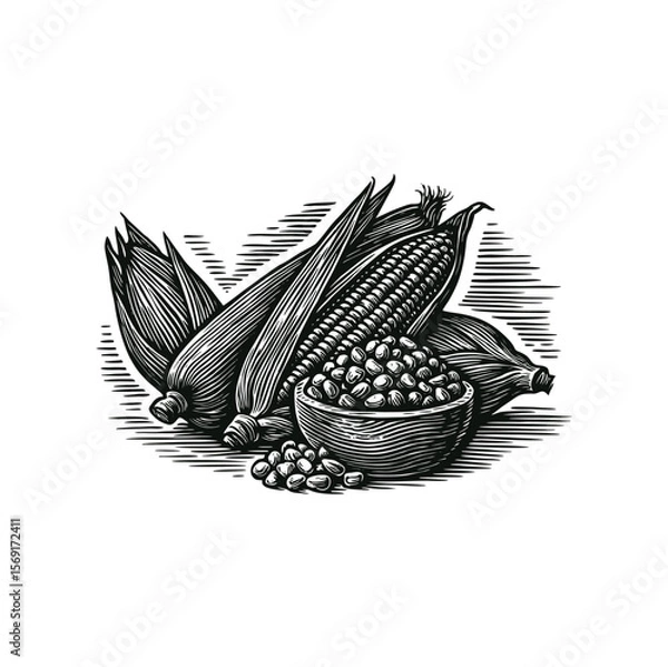 Fototapeta Woodcut-style vector illustration of corn cobs with husks and a bowl full of kernels. Black and white engraving texture, perfect for labels, packaging, farming posters, and vintage-themed designs.