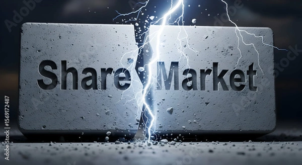 Obraz This image shows a concrete block with "Share Market" carved into it being struck by lightning. The impact causes the block to crack, symbolizing volatility and risk in the financial market.