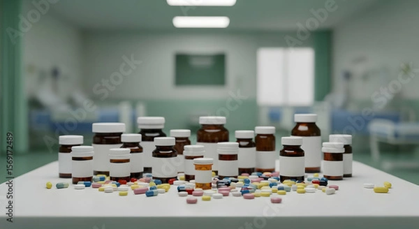 Obraz A variety of pills are scattered across a white table, surrounded by bottles of medicine. The scene is set in a hospital room, conveying a clinical and pharmaceutical environment.