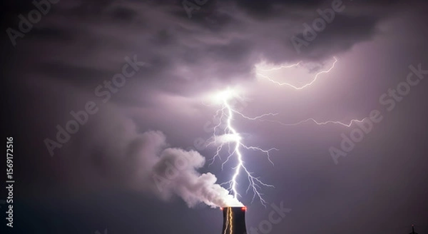 Obraz A dramatic image of a bright lightning strike over a plant. Smoke or vapor billows from the top of the building. The scene is set against a dark, stormy sky, emphasizing the raw power of nature.