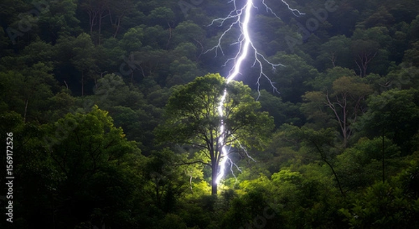 Obraz A vibrant lightning bolt pierces the twilight sky, illuminating a tall tree standing out in the dark, dense forest. The intense light contrasts with the shadowed greenery.