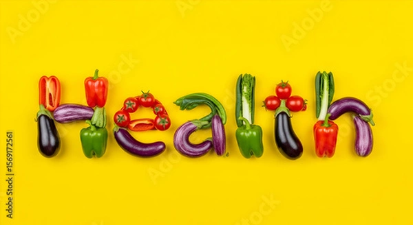 Obraz The word "HEALTH" is creatively spelled out using various fresh vegetables. Eggplants, peppers, tomatoes, and more are arranged on a vibrant yellow background, promoting healthy eating and wellness.